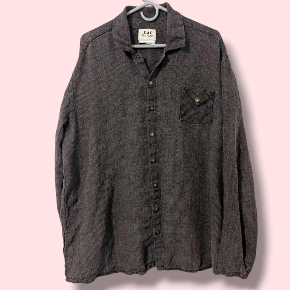 Flax Grey Multicolor Thread Linen Long Sleeve Button Snap Shirt LG Lagenlook